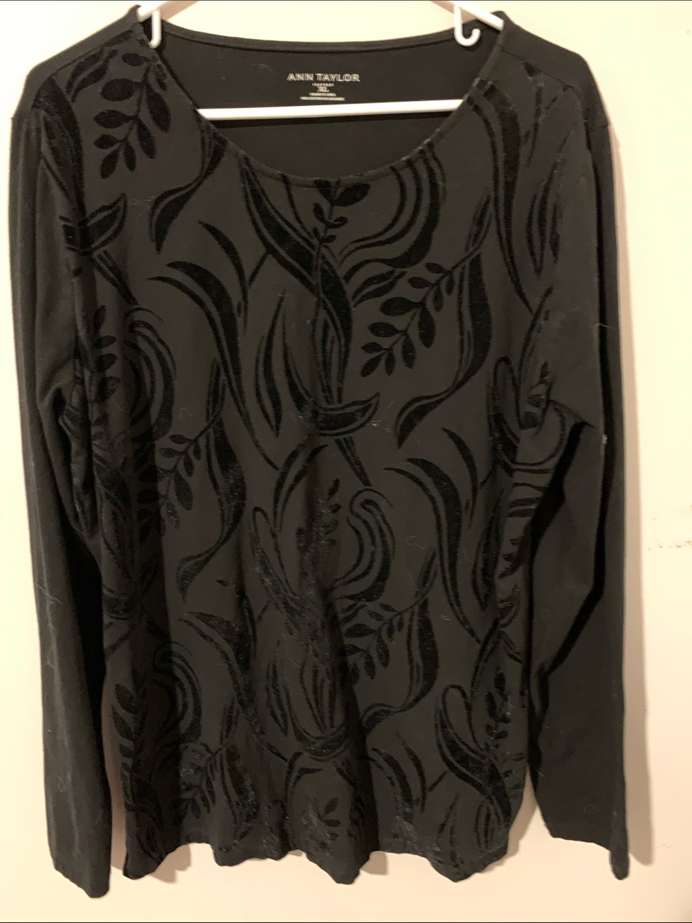 Ann Taylor Black Velvet Burnout Long Sleeve Scoop Neck Top